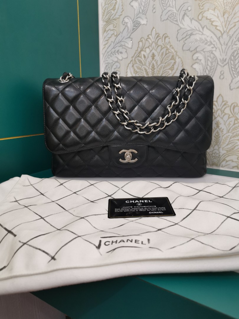 Chanel Black Quilted Caviar Jumbo Classic Double Flap Silver Hardware, 2014  Available For Immediate Sale At Sotheby's