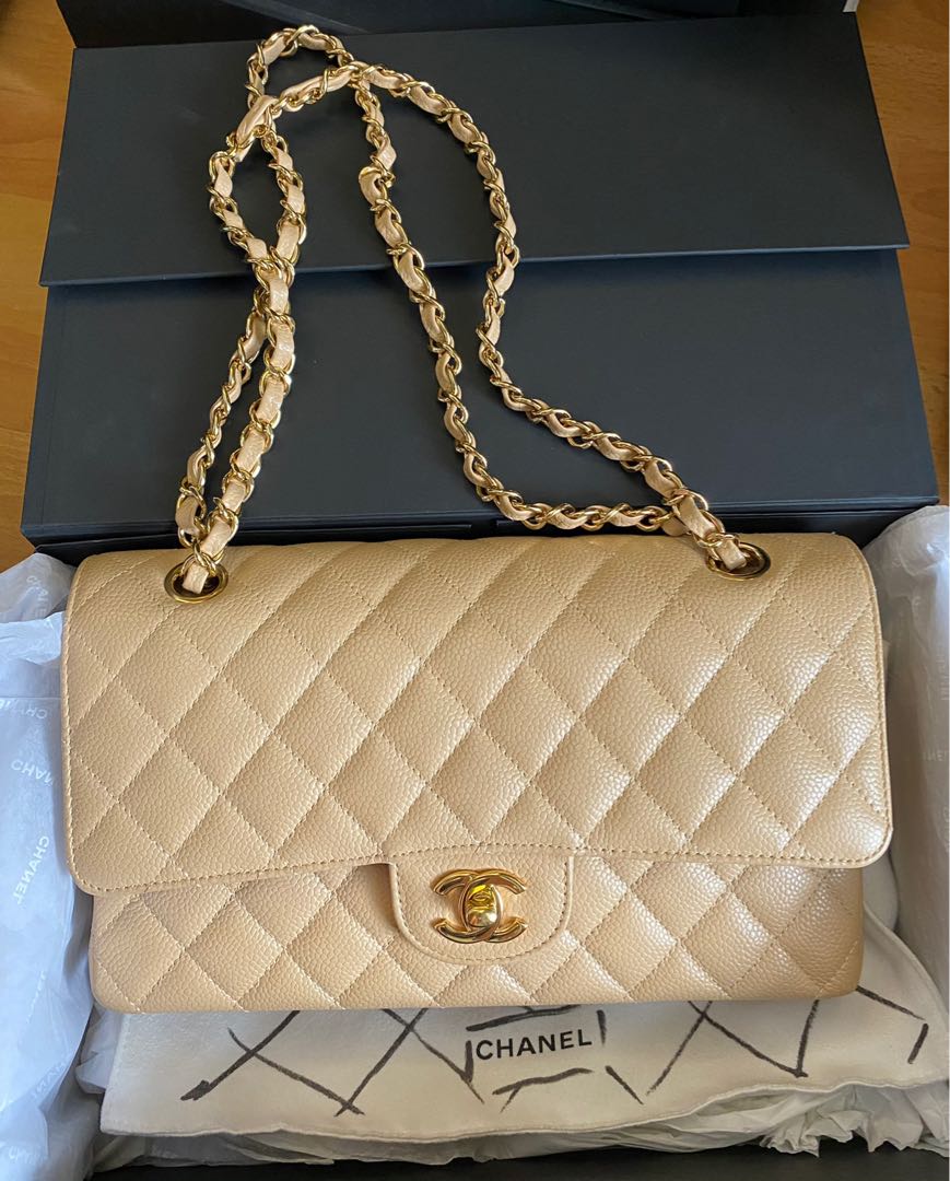 Chanel classic medium beige Clair caviar ghw, Luxury, Bags