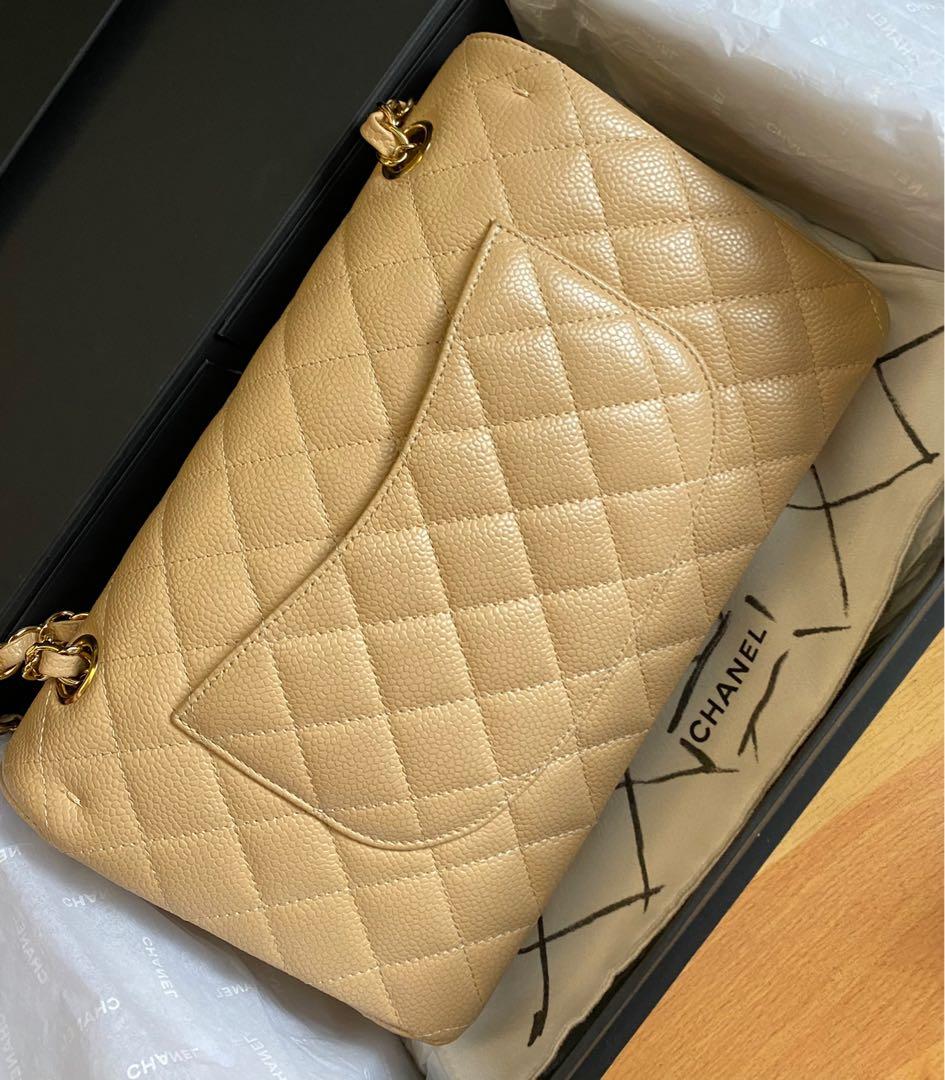 BNIB Chanel Medium Classic Double Flap Bag Beige Clair Caviar Gold Hardware