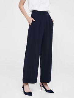 LOVE BONITO (LB) Loose Wide Leg Flared Cuffed Hem Trousers/Pants in Navy Blue