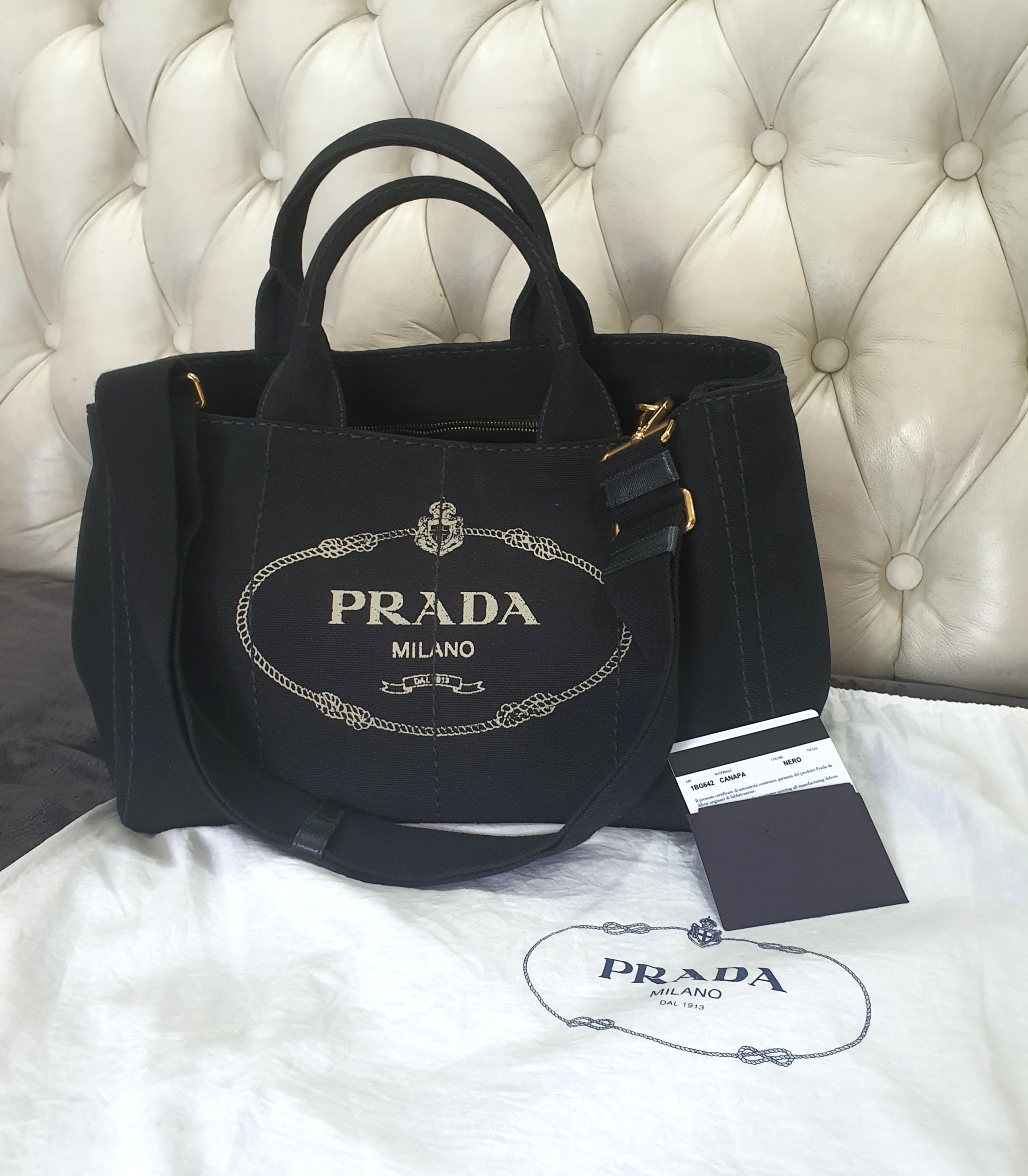 ❌SOLD❌Prada Canapa Black Canvas Tote Bag with Gold Hardware