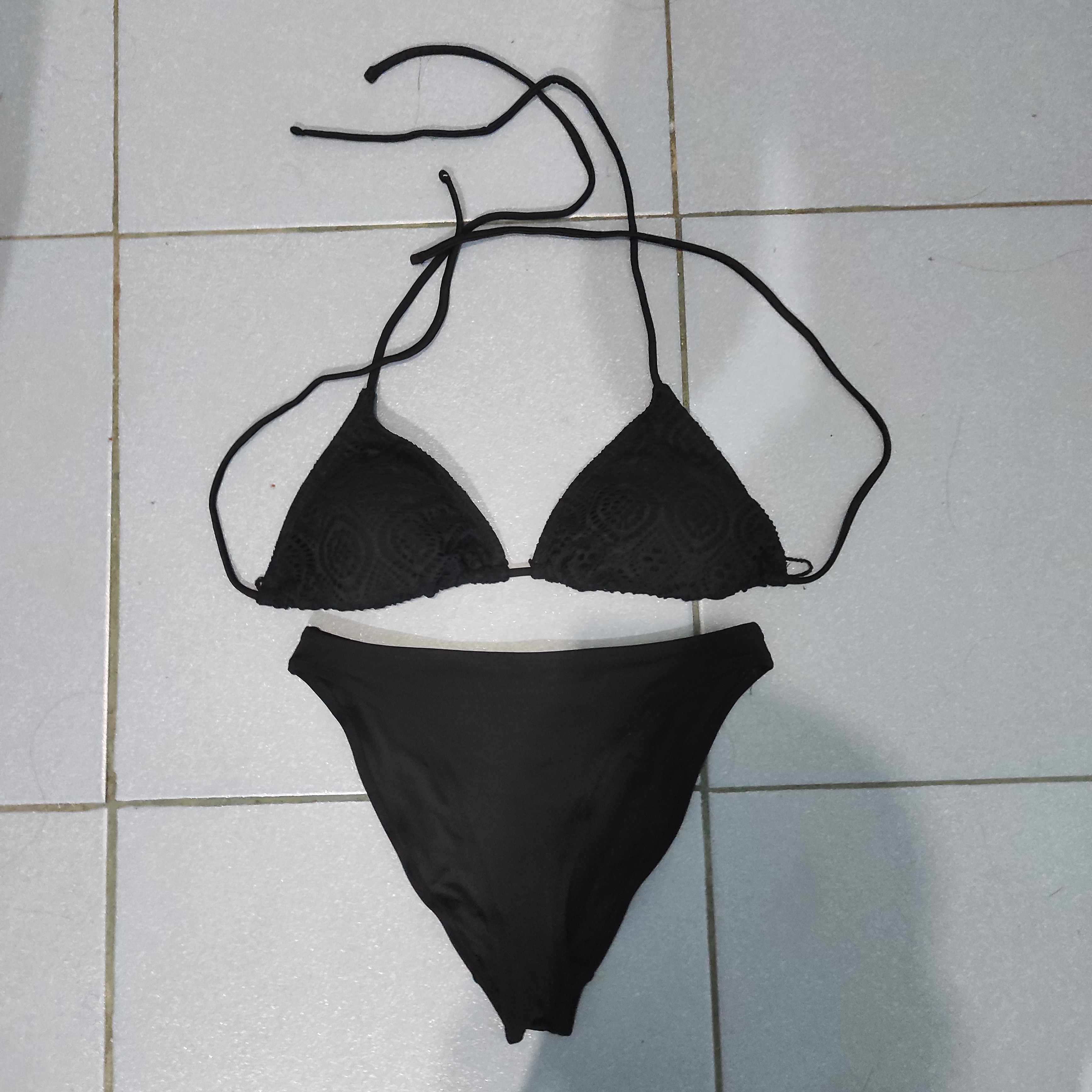 Plain black two piece swimsuit