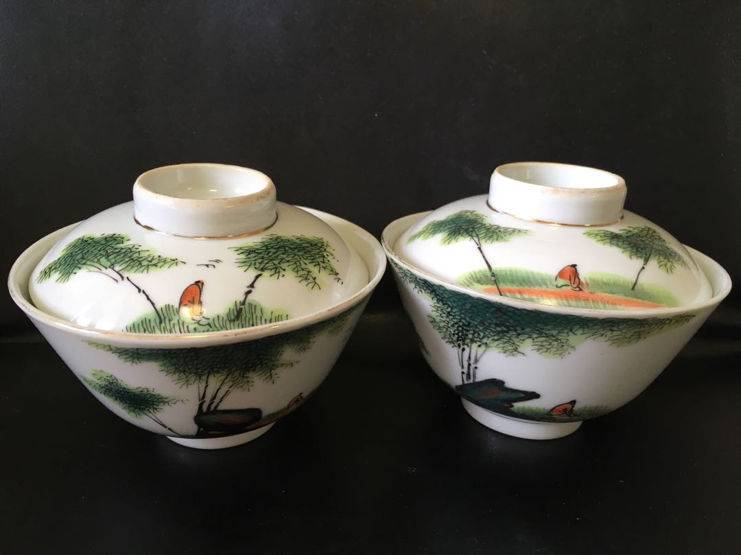 聽雨樓 Jffc 0019 解放初竹影清風蓋碗一對 古董收藏 古董收藏 Carousell