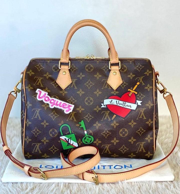 LOUIS VUITTON, PATCHES SPEEDY 30 BANDOULIERE OF DAMIER EBENE CANVAS WITH  POLISHED BRASS HARDWARE, Handbags & Accessories, 2020