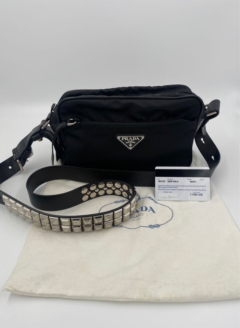 Prada black nylon shoulder bag with studding hot sale