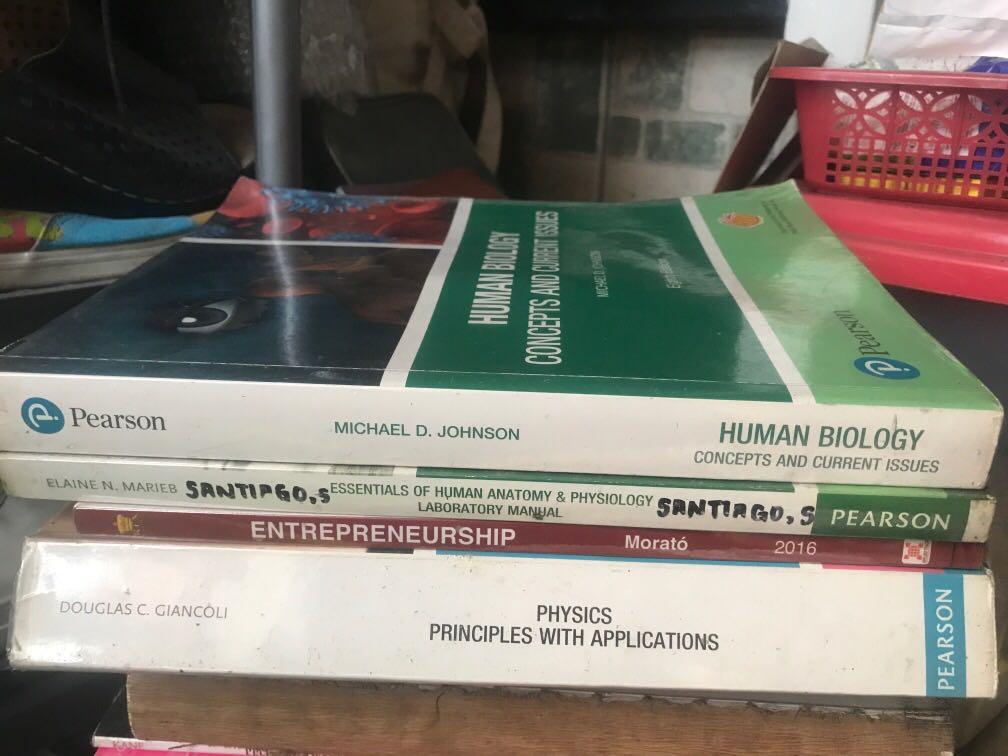 SHS books (Category: Textbooks) located in Manila. Submitted by yein.s (Listing ID 1077445428, Image 1). Description: Pearson Physics with applications - giancoli — 300 Pearson Human Biology - johnson —300 (sold) Entrepreneurship - morato — 100 Pearson essentials of human anatomy and physiology - marieb (with notes) — 250 .
