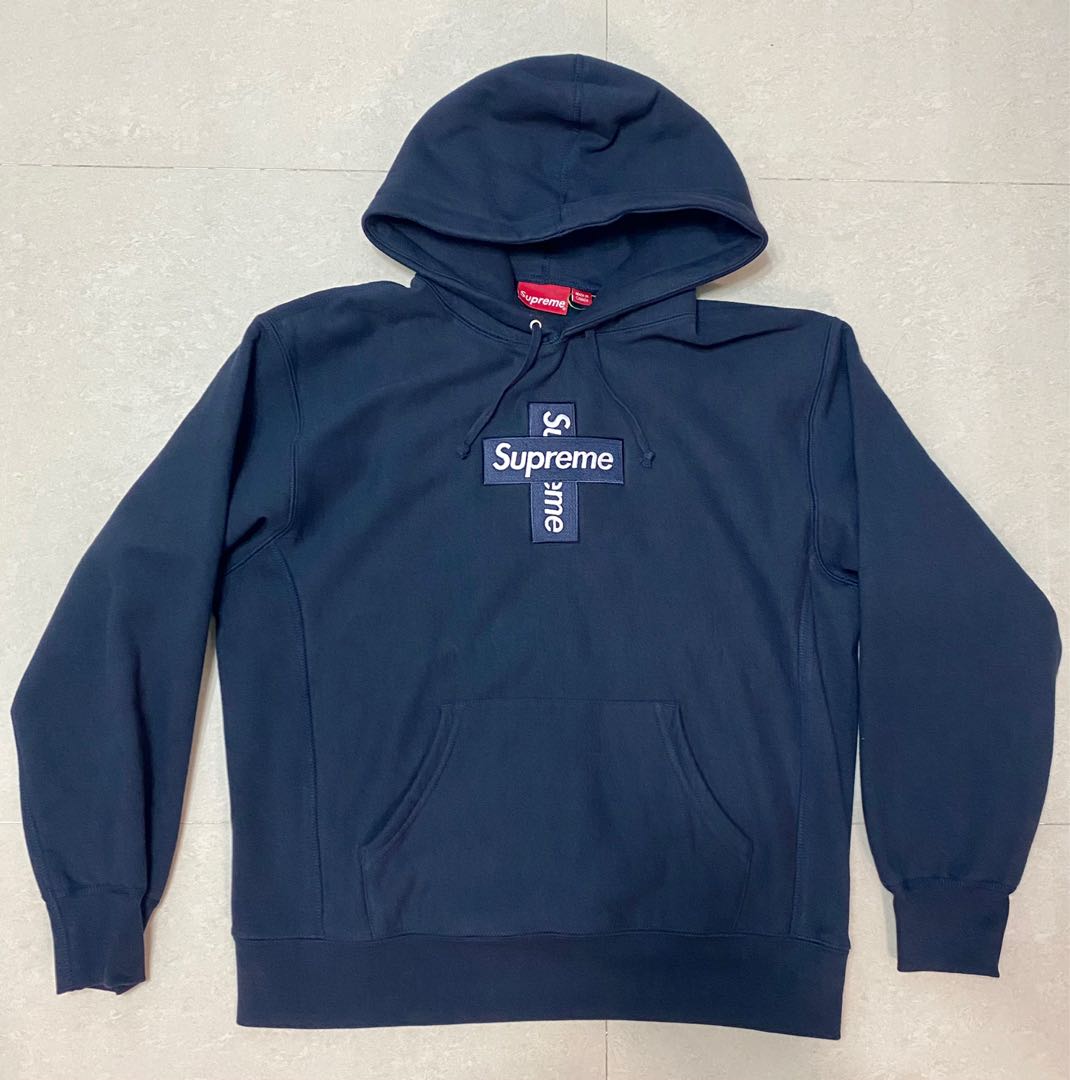 Supreme Cross Box Logo Hooded Sweatshirt Navy Size M, 男裝, 外套及