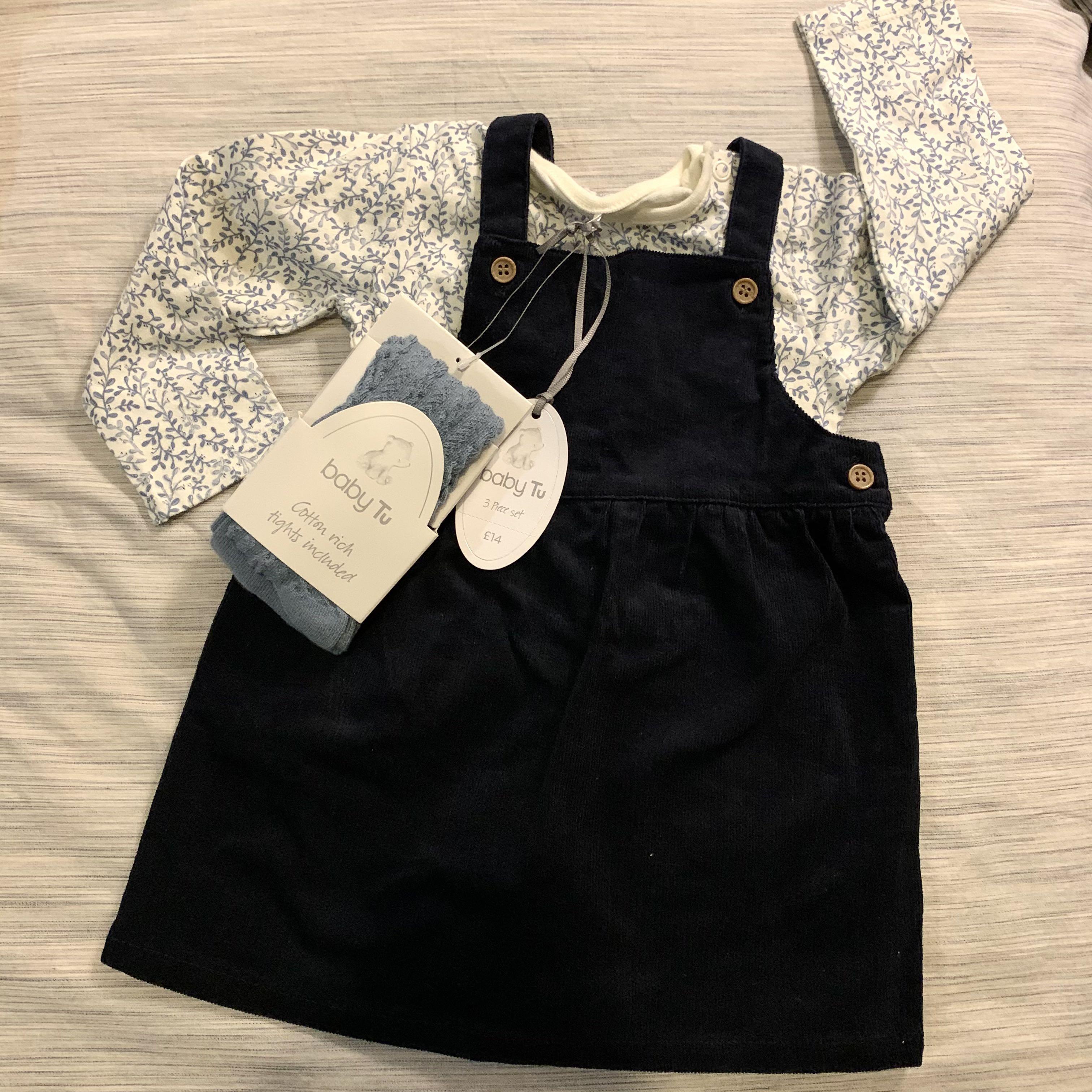 Tu Clothing Navy Corduroy Pinafore Leaf Bodysuit Tights Babies