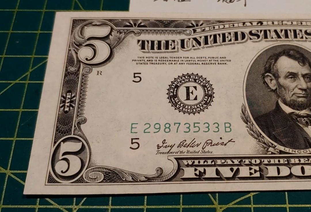 1950年美國伍圓錯體紙幣(福耳)Unc~Unc++, 興趣及遊戲, 收藏品及紀念品, 錢幣- Carousell