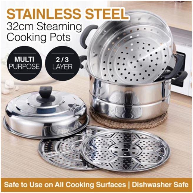 32CM Steamer Pot 3 layer Stainless Steel Steam Cooking Pots for Induction Cooker Gas Stove