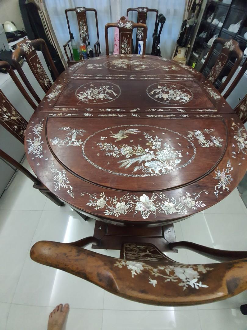 Antique Full Redwood Chinese Dinung Table Set with MOP, Furniture