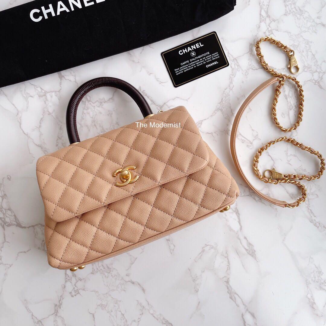 Authentic Chanel Lizard Embossed Handle Small Beige Caviar Leather Coco  Handle