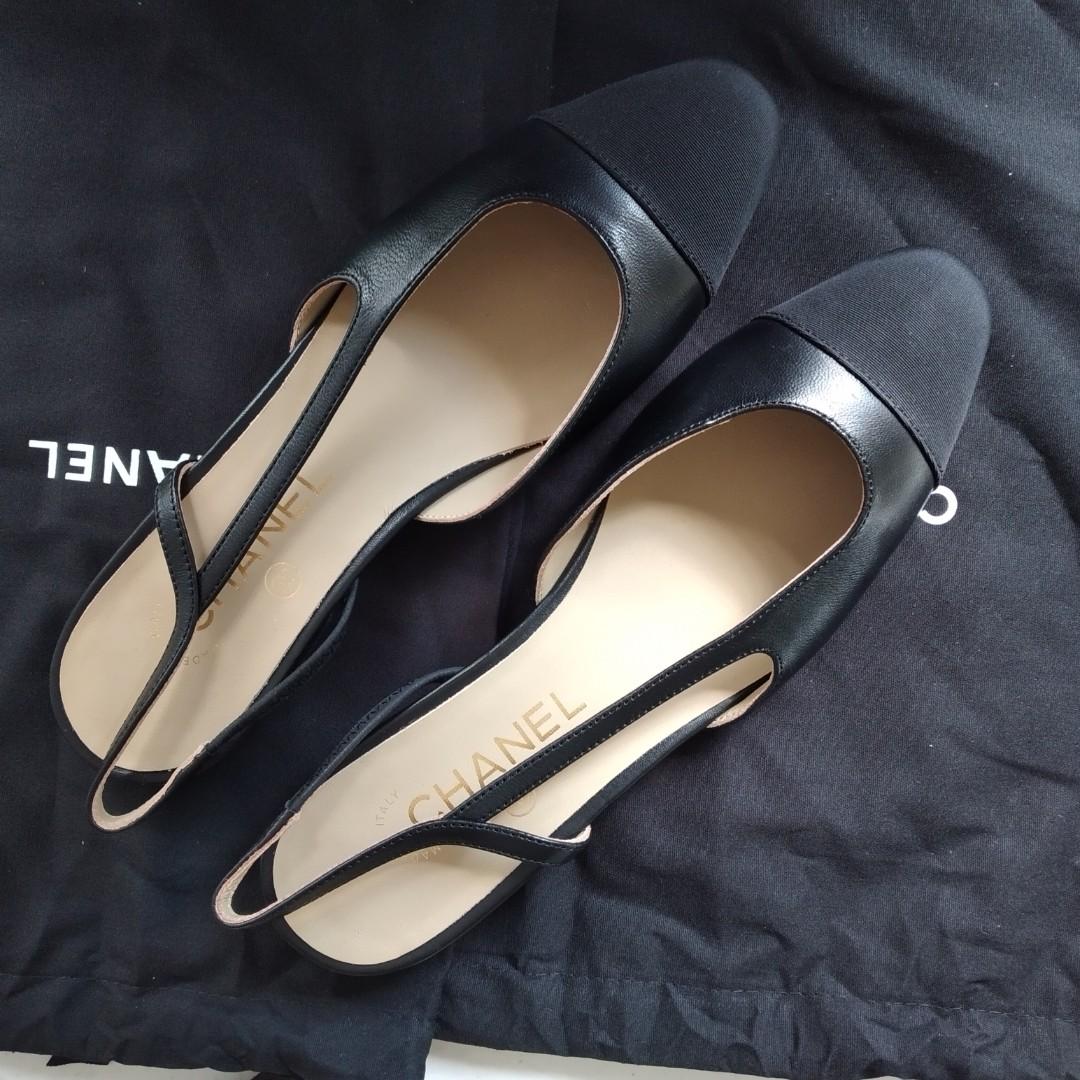 Chanel Black Fabric And Leather CC Cap Toe Slingback Sandals Size 38 Chanel  | The Luxury Closet