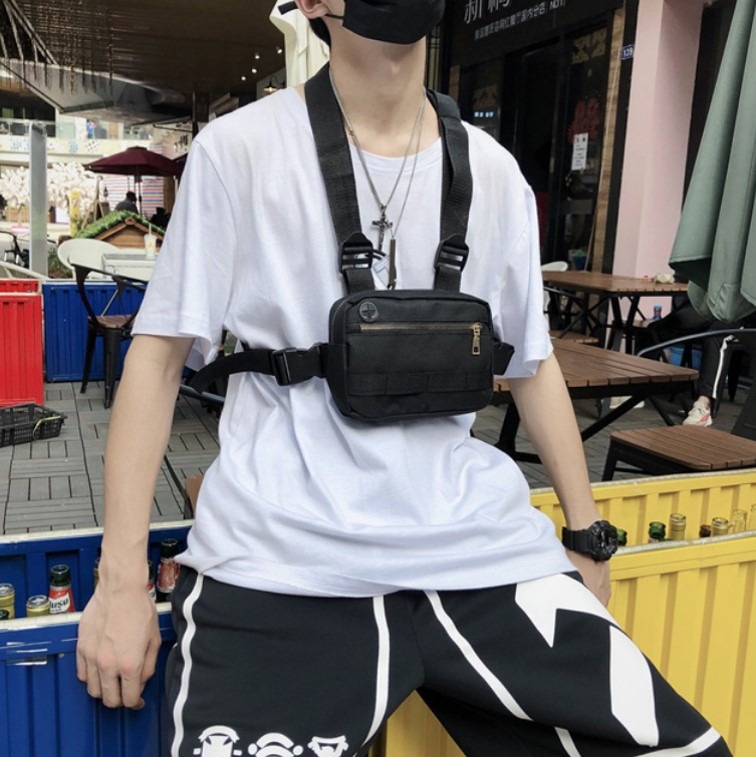 Men Women Tactical Front Chest Bag Pouch Wallet with Harness Front Zip