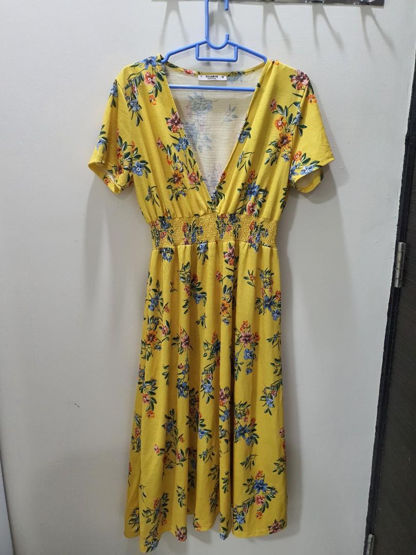 PULL BEAR Yellow Flower Dress