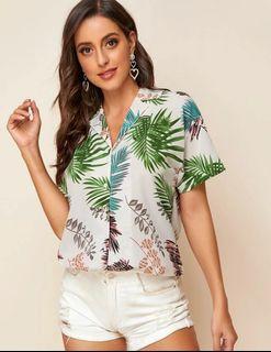 SHEIN (SMALL) Notched Collar Buttoned Front Tropical Print Blouse