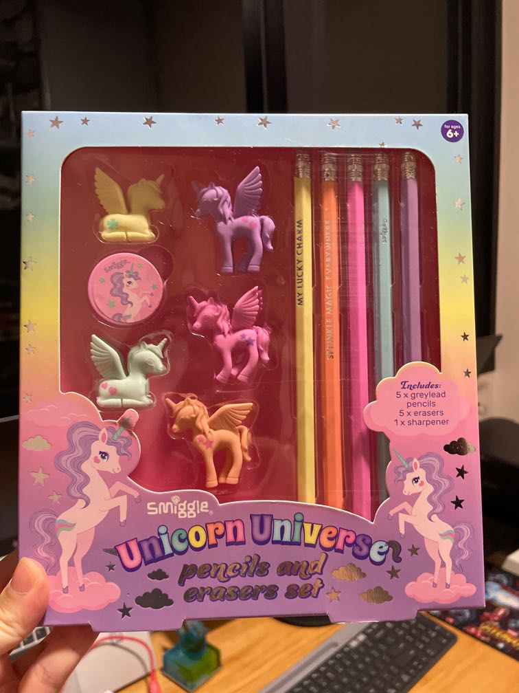 Smiggle unicorn pencils and eraser set x2, Hobbies & Toys, Stationery
