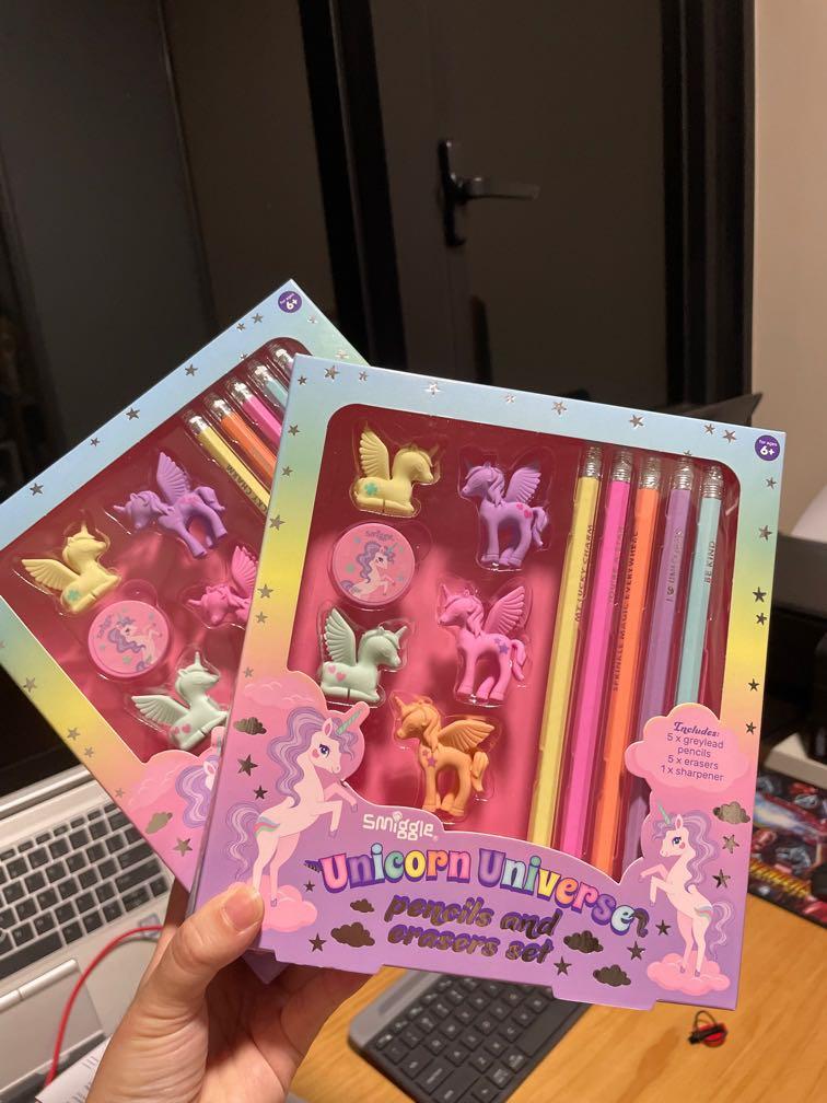 Smiggle unicorn pencils and eraser set x2, Hobbies & Toys, Stationery