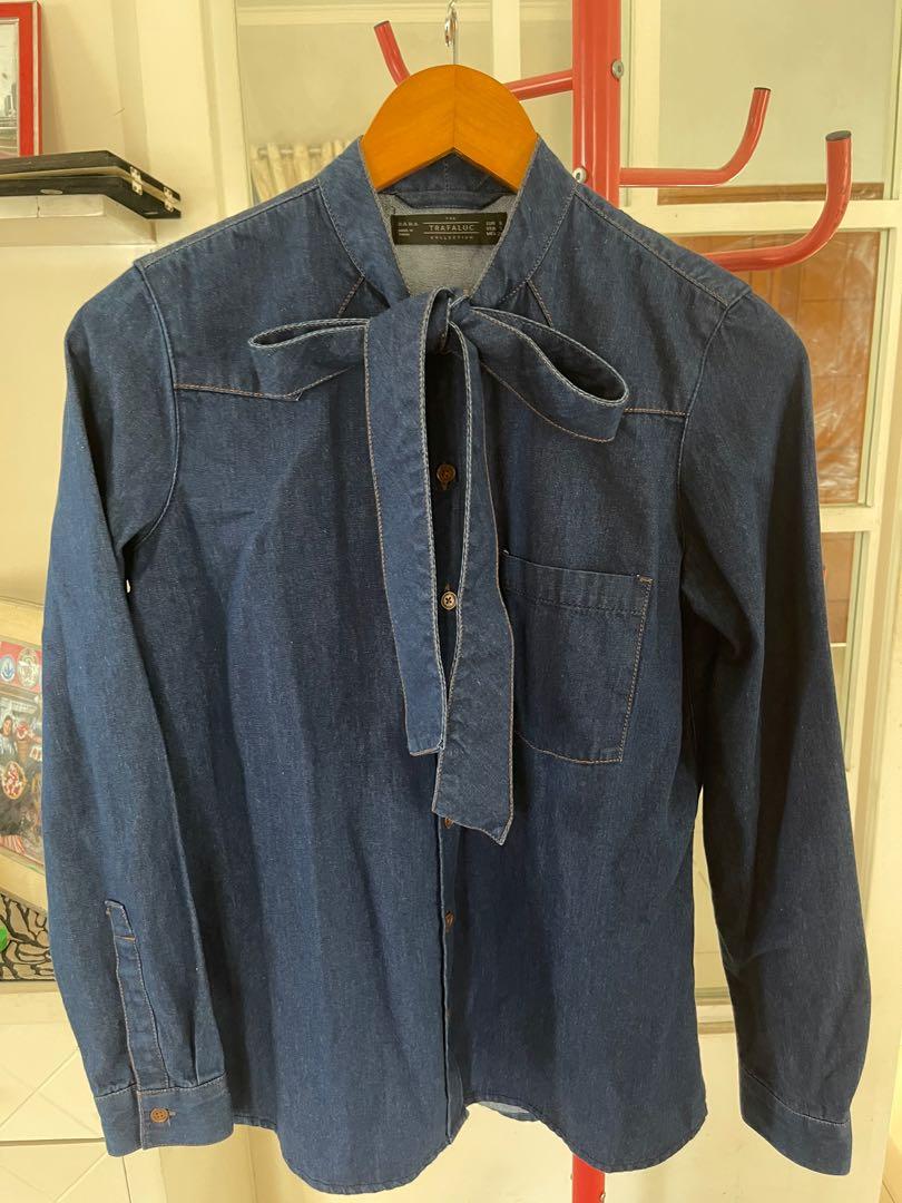 Zara denim bow blouse, Fesyen Wanita 
