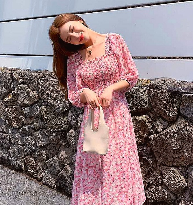 Brand New Floral Chiffon Puff Sleeves Smocked Maxi Long Dress with