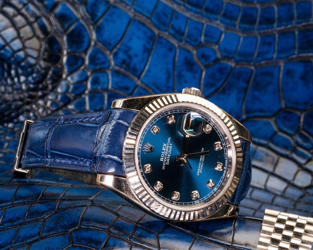 Handmade Handstitched Watch Strap In Navy Blue Crocodile Leather