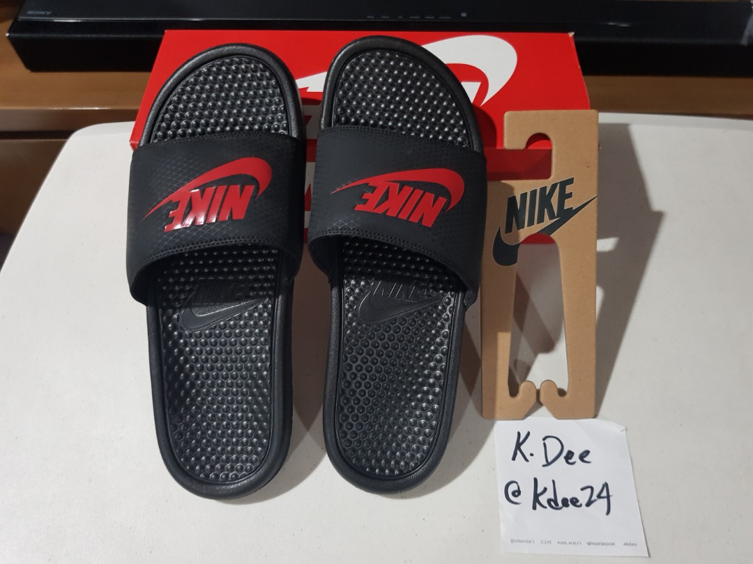 Nike Benassi JDI Slides Black/Challenge Red Slippers Size BNDS w Box Hanger, Fashion, Footwear, Slippers Slides on