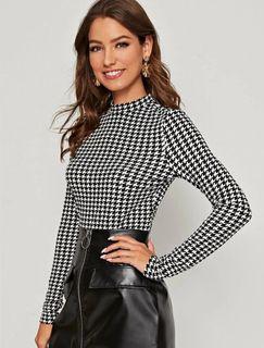 SHEIN (SMALL/LARGE) MOCK NECK HOUNDSTOOTH SLIM TEE AND LARGE LEATHER SKIRT