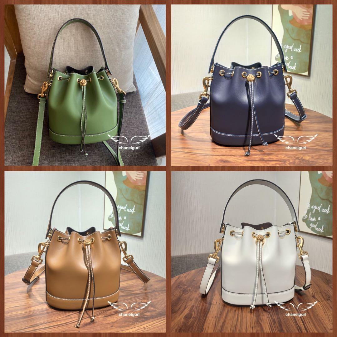 TB~ Tory Burch T monogram Leather Bucket Bag Green Brown White Blue Navy Bag,  Women's Fashion, Bags & Wallets, Purses & Pouches on Carousell