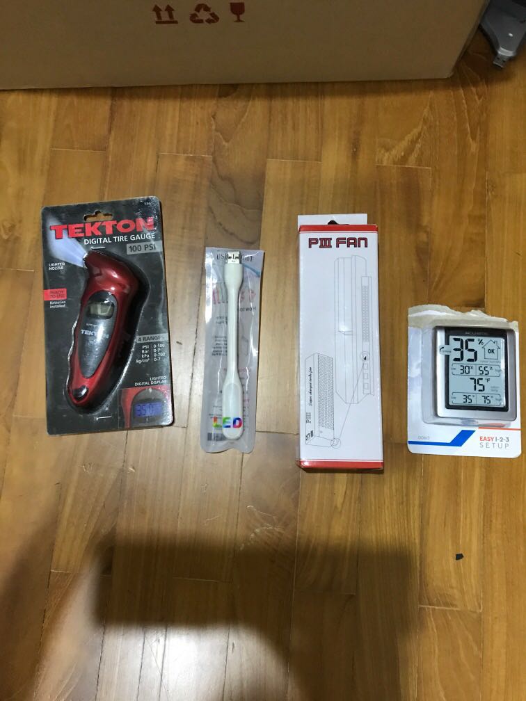 tekton digital tire gauge, USB light cable, PIII fan, acurite