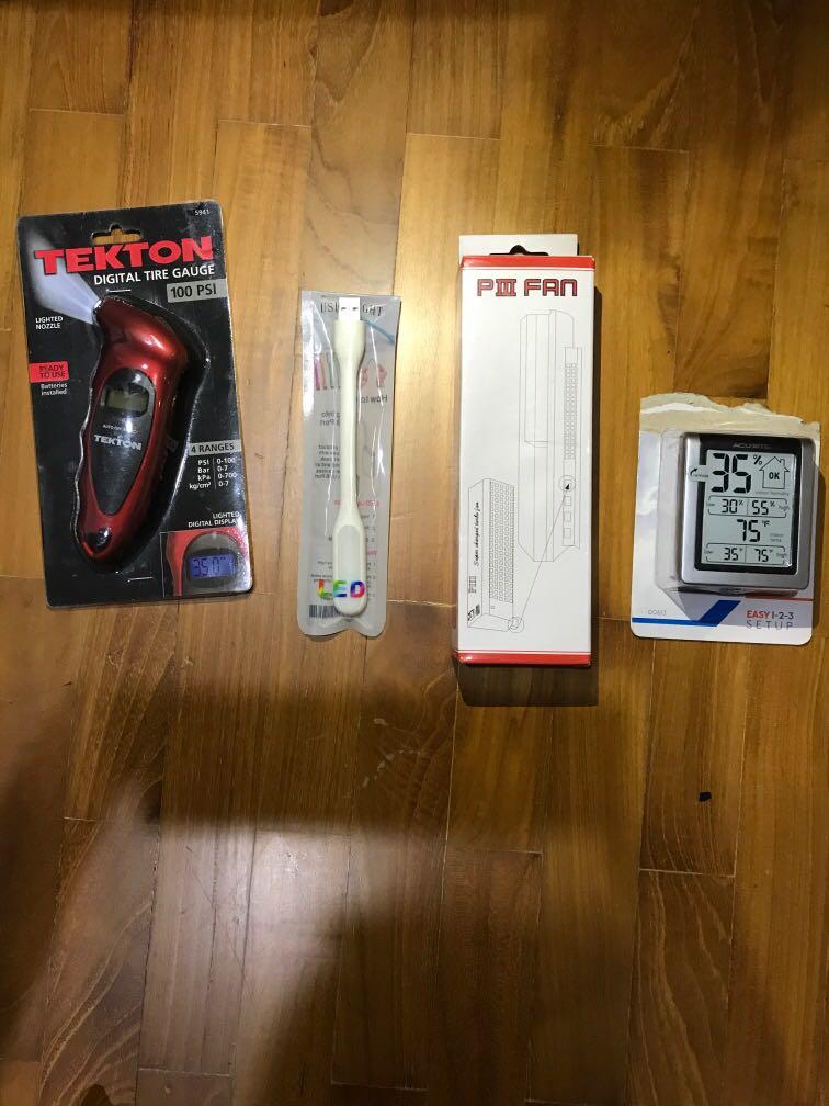 tekton digital tire gauge, USB light cable, PIII fan, acurite