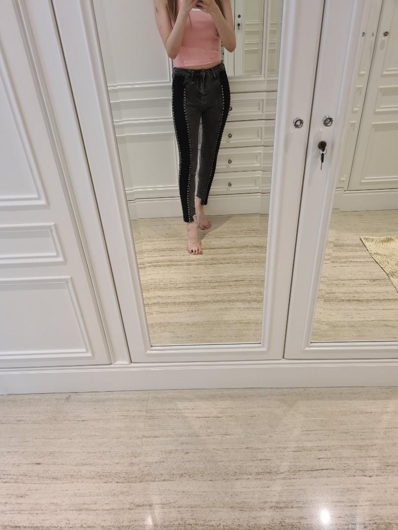 2 tone grey vintage studded denim pants 