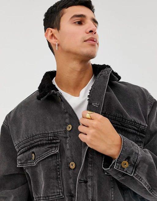 Borg lined denim jacket in black hotsell