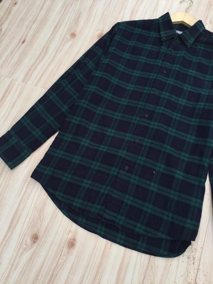 Flannel Uniqlo Green Plaid, Fesyen Pria 