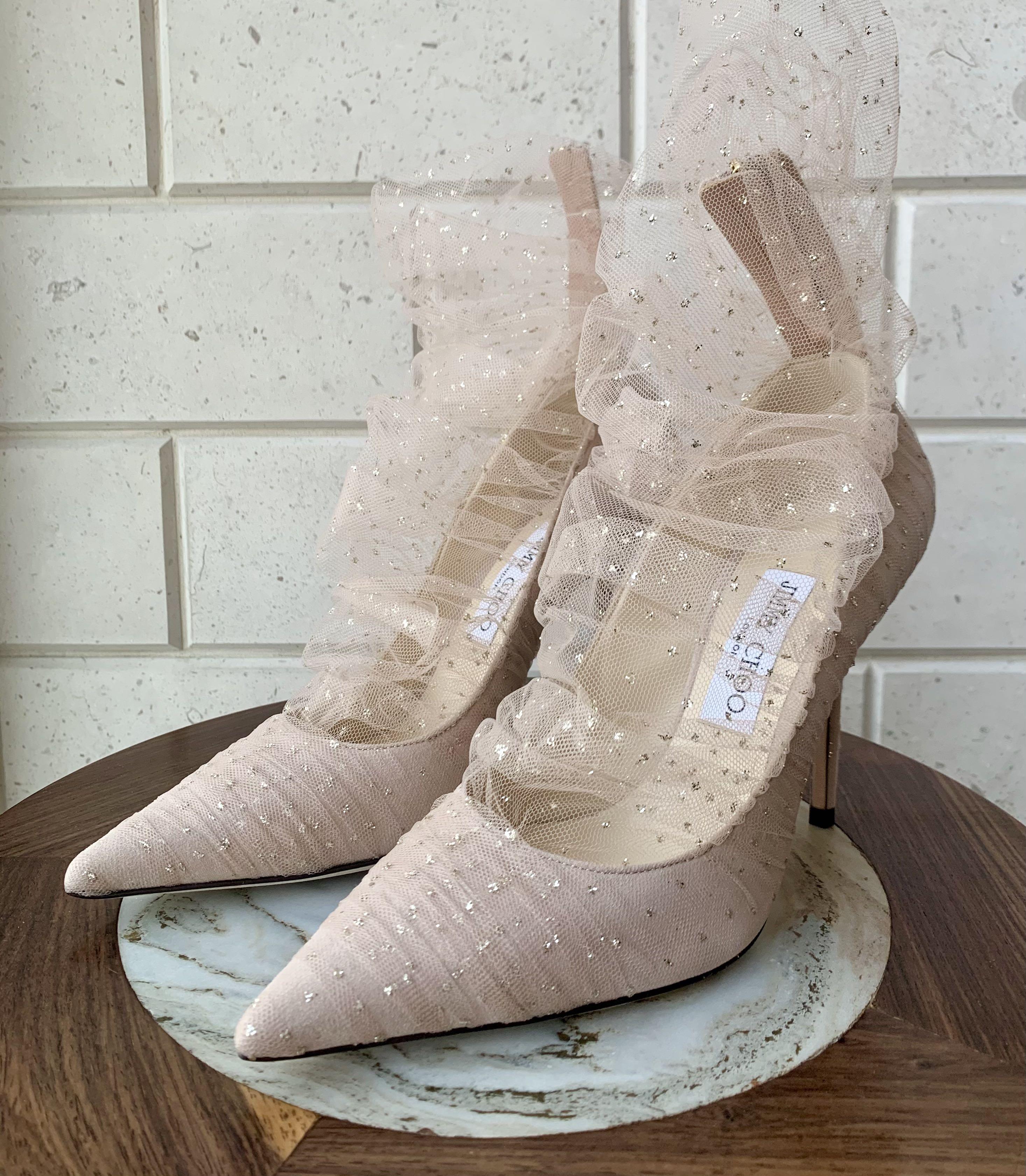 5 Jimmy Choo Lavish 100 with nude pink mesh and gold glitter