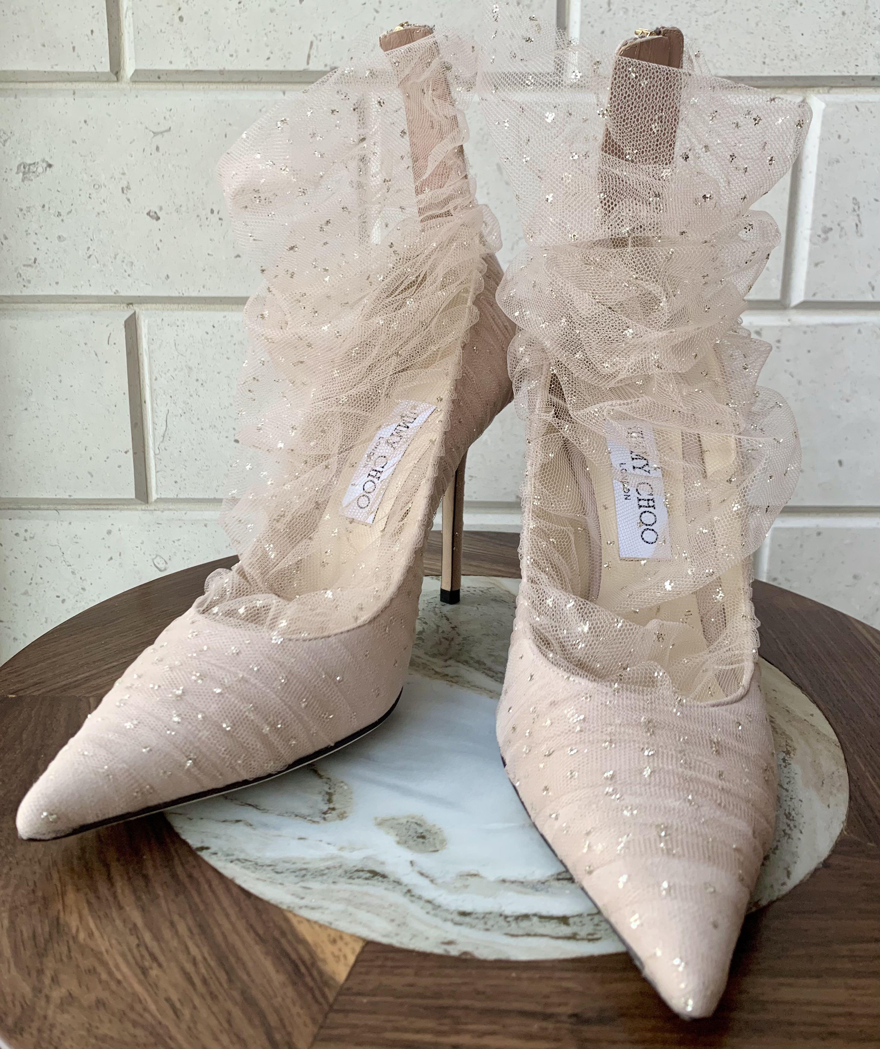 5 Jimmy Choo Lavish 100 with nude pink mesh and gold glitter