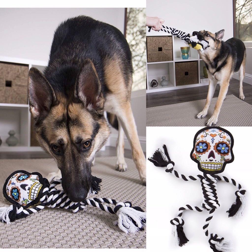 LARGE goDog Sugar Skulls Plush Dog Toys with Chew Guard Technology Sugar Skulls Plush Dog Toy with Rope L