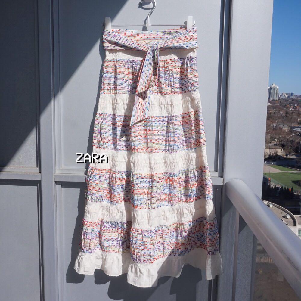 New Zara SS18 Long Jacquard Skirt Ruffle Belt Size XS ref 7563/042