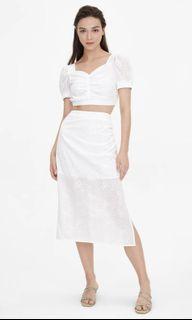 Pomelo White Embroidered Floral Side Slit Skirt