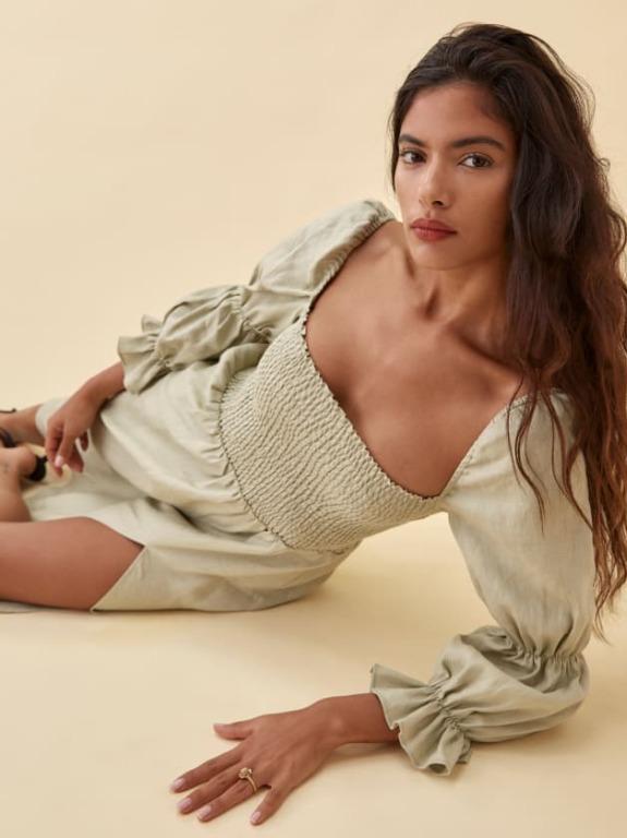 Reformation Hyland Linen Dress in Dried Herbs top pick, , & ,  - Carousell