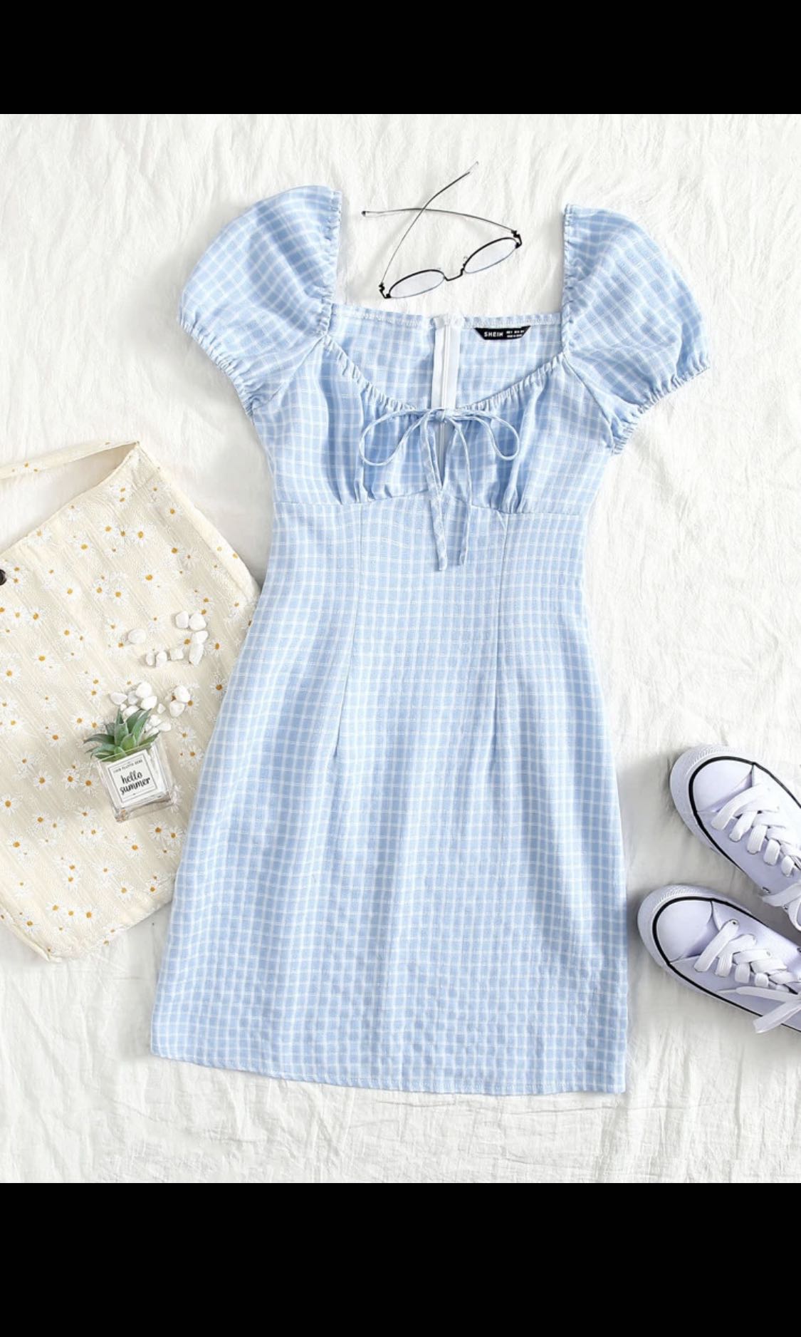 SHEIN tie front grid baby blue dress Women s Fashion Tops