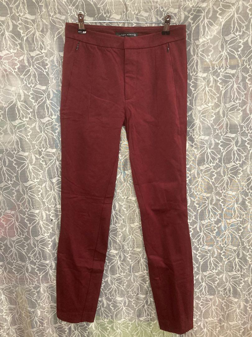Zara Woman Slim Burgundy Pants, Women's 