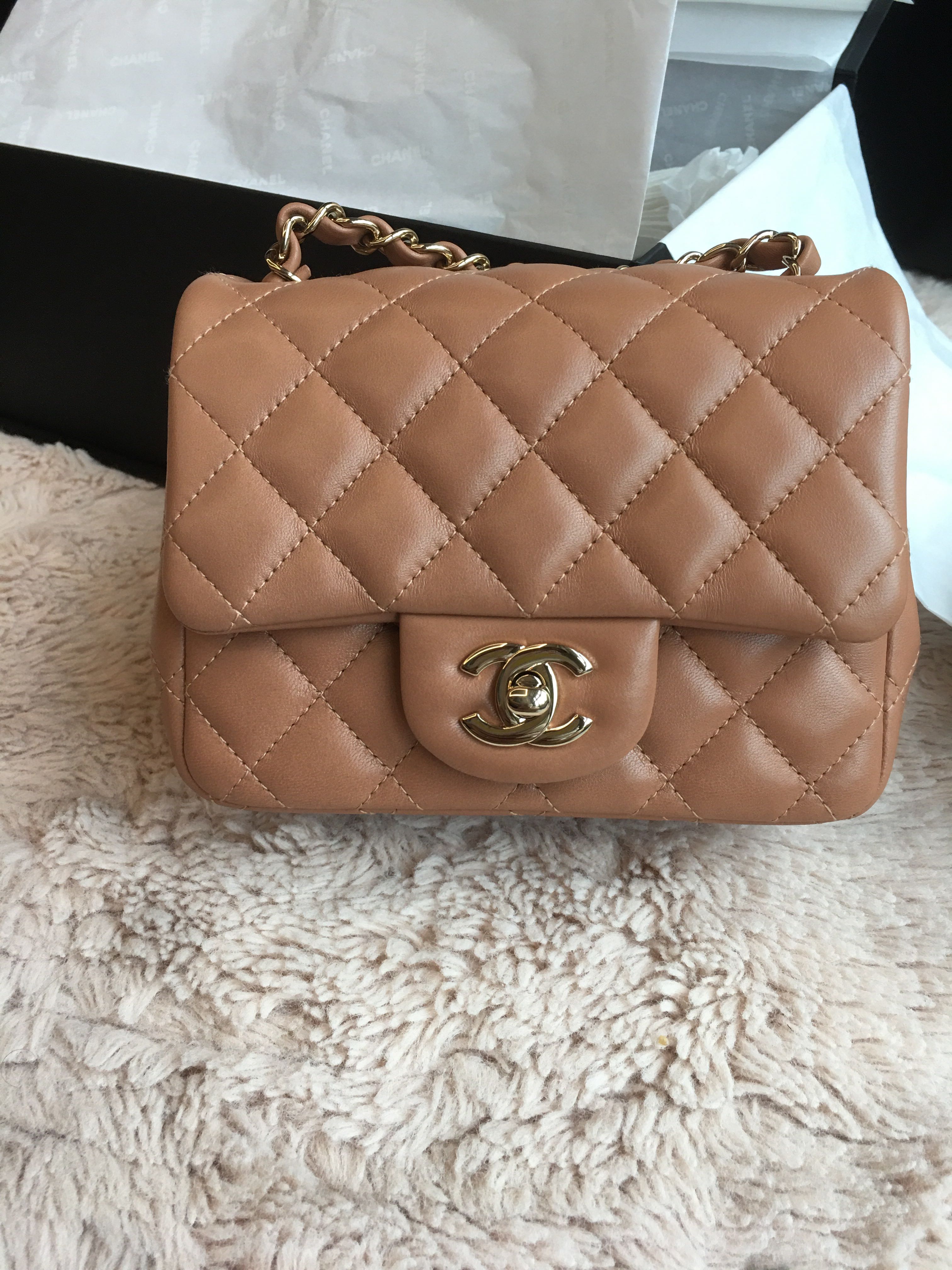 21P Caramel Chanel Mini square, Luxury, Bags & Wallets on Carousell