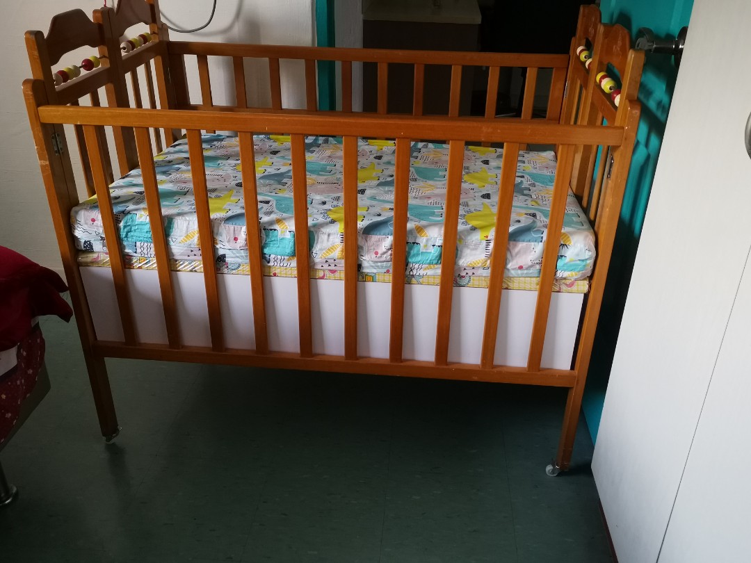 Cot bed wooden with wheel, Babies & Kids, Baby Nursery & Kids Furniture