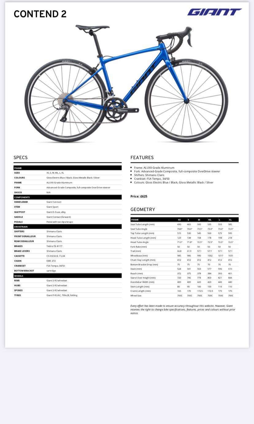 Giant contend sale size chart