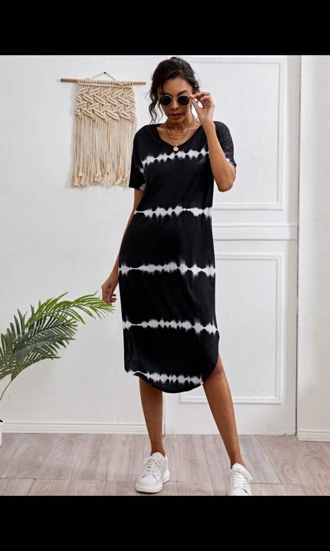Shein Striped Curve Hem Split Tee Dress Women S Fashion Clothes Dresses Skirts On Carousell