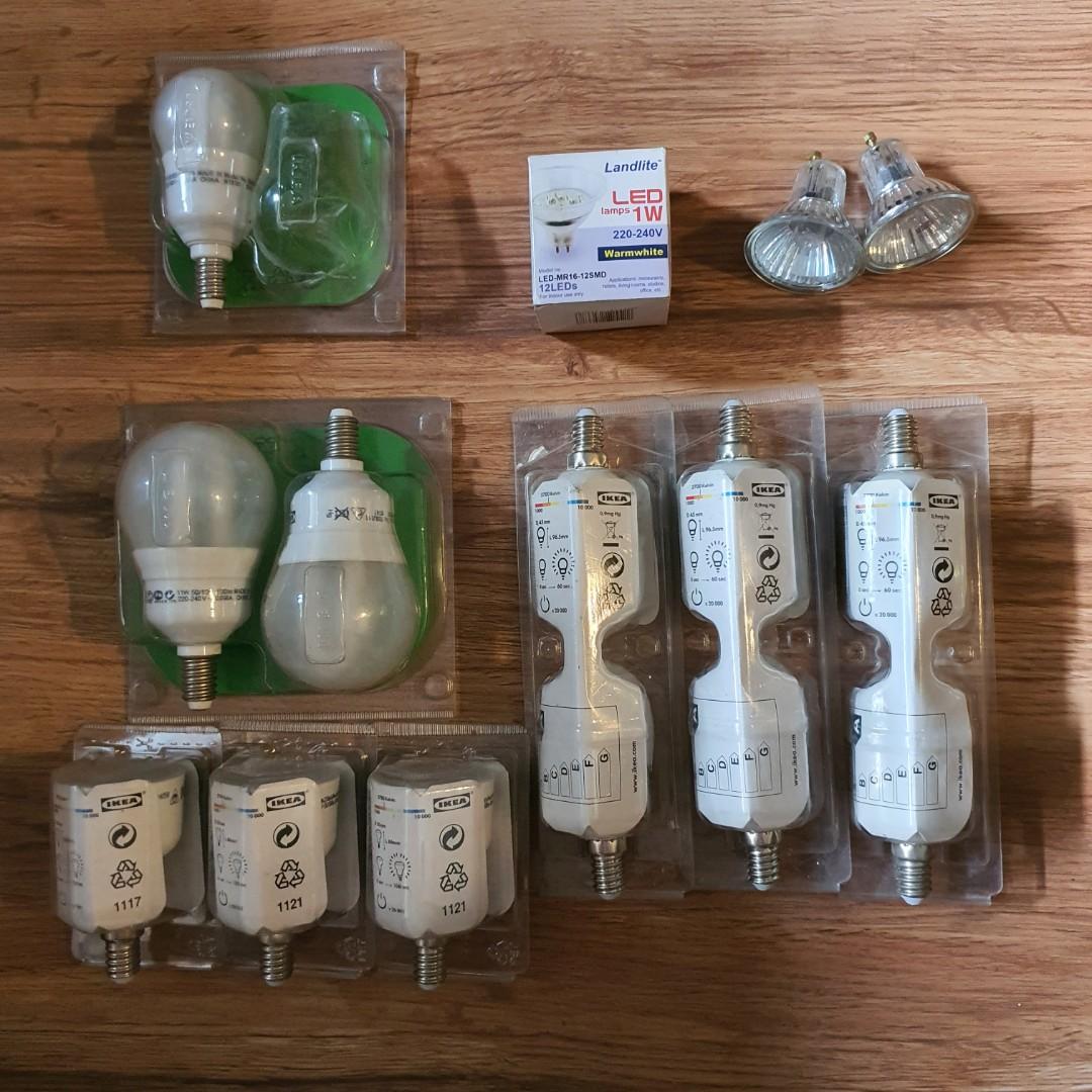 Various IKEA light bulbs (Category: Lighting) located in Quezon City. Submitted by stimpy569 (Listing ID 1078213825, Image 1). Description: various IKEA light bulbs: 1. E14, 7W 315 lumens, 2700k, 2pcs/ set P200.00 (3 sets available) 2. E14, 7W 260 lumens, P100.00/pc (1 pc available) 3. E14, 11W 530 lumens, P300.00/set of 2 pcs. 4. Halogen pinlight bulbs, 35W, P100.00/pc (2pcs available) no box LANDLIGHT brand, 12 LED, pinlight P100.00 pick-up at 