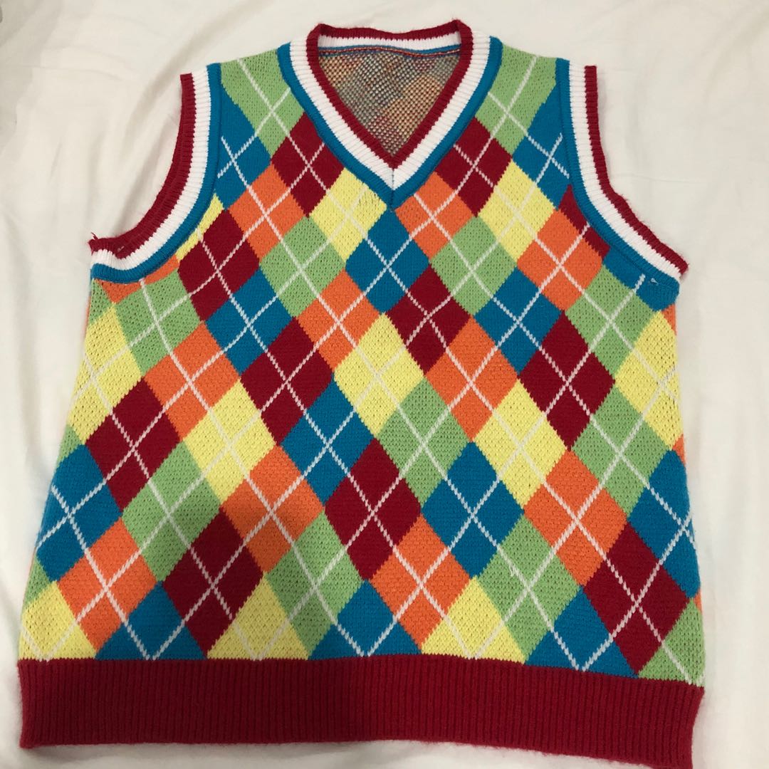 Y2K Colorful Rainbow Argyle Sweater 