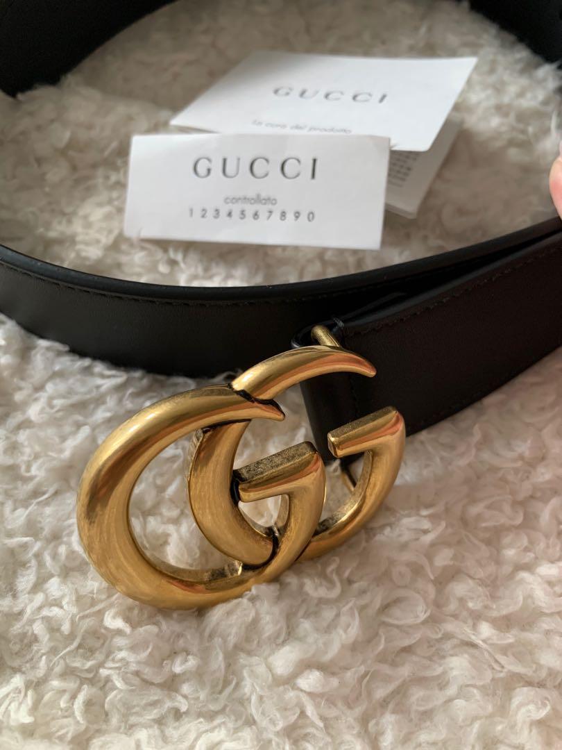 BNWT Gucci Black GG Marmont Leather Belt Brushed Gold 3cm