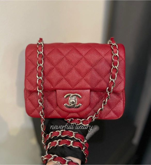 Chanel Mini Square Flap Bag With Pearl Crush Chain Red - NOBLEMARS