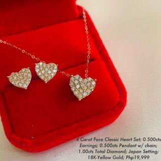 Classic Heart Diamond Set Earrings and Necklace in 18K Yellow Gold Pawnable 100% Real earth mined diamonds